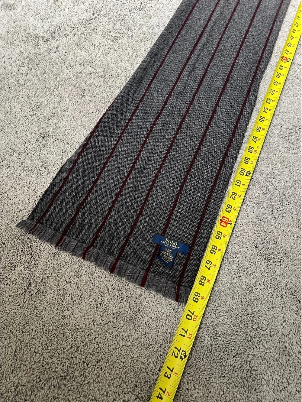 Polo Ralph Lauren Italy Wool Blend Scarf Gray Burgundy Stripe Fringe 72 x 12
